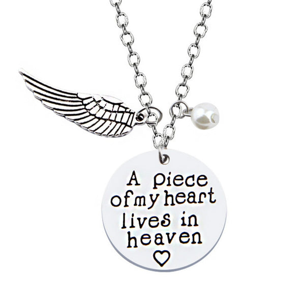 A Piece Of My Heart Lives In Heaven Vintage Silver Angel Wing Necklace