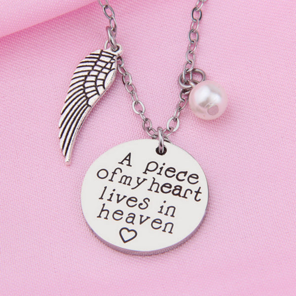 A Piece Of My Heart Lives In Heaven Vintage Silver Angel Wing Necklace